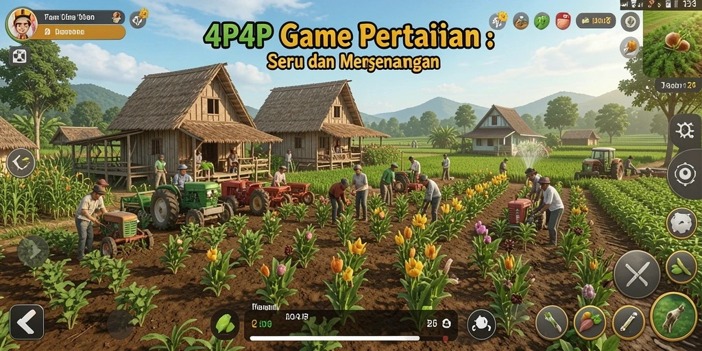 Tampilan gameplay 4P4P dengan pemandangan ladang yang hijau dan aktivitas bertani.