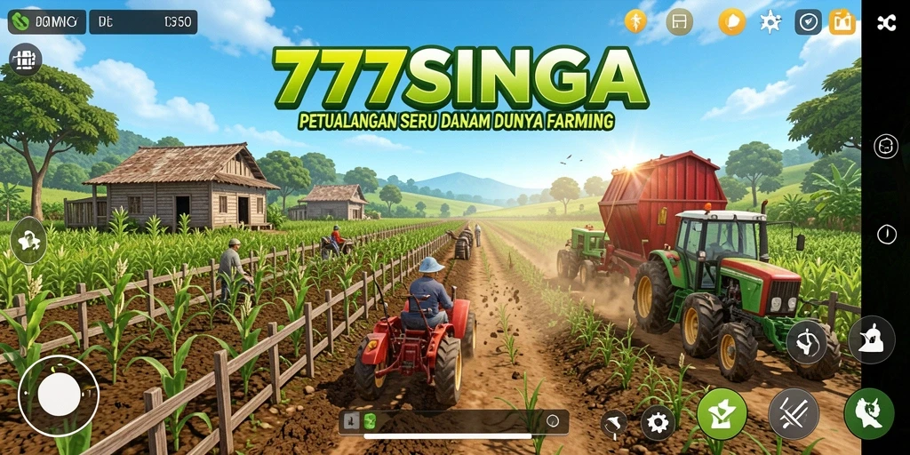 Screenshot gameplay <strong>77SINGA</strong> menampilkan lahan pertanian yang subur dan warna-warni.