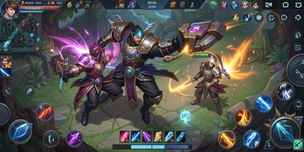 Screenshot gameplay MOBA yang menampilkan aksi seru dalam pertarungan.