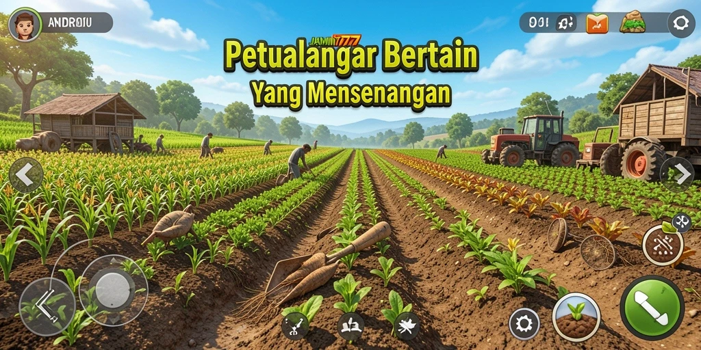 Screenshot gameplay JAMIN777 menampilkan ladang yang subur dan penuh aktivitas.