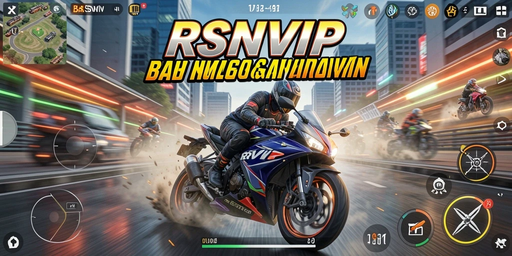 Gameplay RSNVIP yang seru dengan balapan motor di trek menarik.