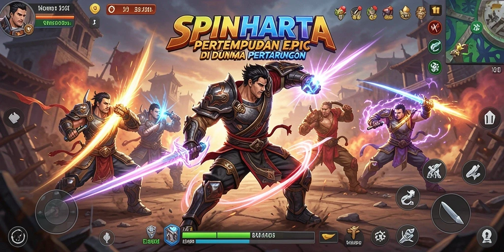 Tampilan gameplay SPINHARTA yang mendebarkan dan penuh aksi pertarungan.