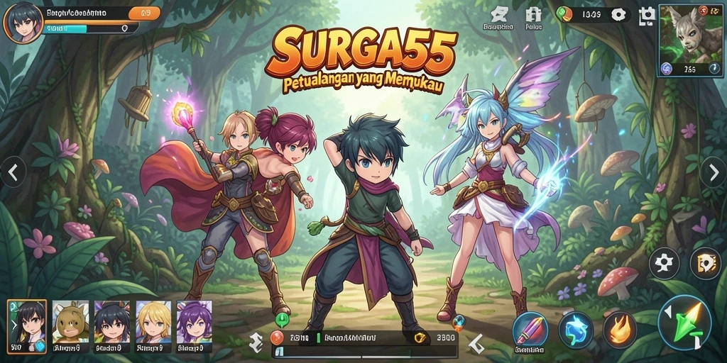 Tampilan gameplay SURGA55 dengan karakter anime yang penuh aksi.