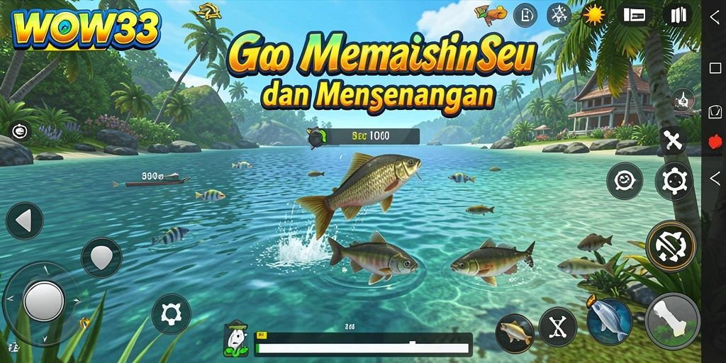 Tangkapan layar WOW33 menampilkan pengguna yang sedang memancing dengan berbagai peralatan.