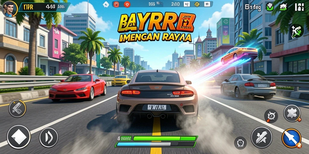Screenshot YYRR menunjukkan aksi balap mendebarkan dan mobil yang cepat.